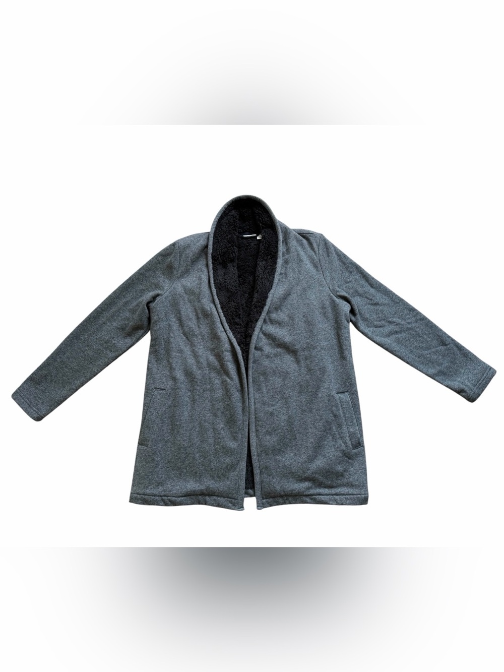 L.L. Bean Sherpa Lined Cozy Lounge Cardigan Medium Gray Open Front Shawl Collar